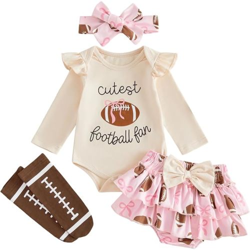 Gaono Newborn Baby Girls Football Outfits Rugby Print Romper Tulle Skirt+Socks+Headband Infant 3Pcs Game Day Sport Clothes