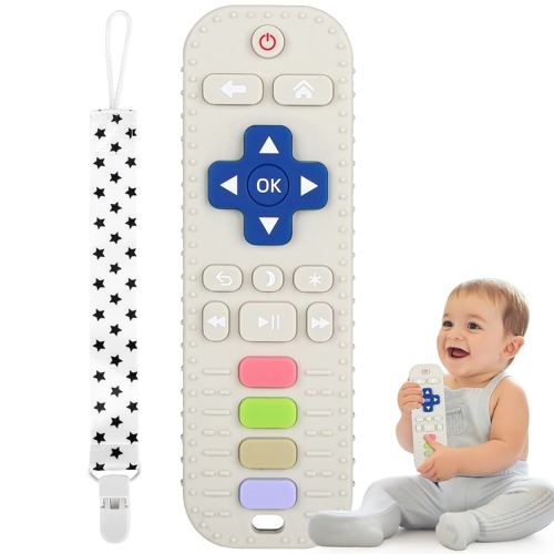 Fu Store Silicone Teething Toys for 0-12 Months 3-24 Months Infant Toddlers Remote Control Shape Teethers for Babies Chew Toys Relief Soothe Babies Gums Set Dishwasher and Refrigerator Safe Beige