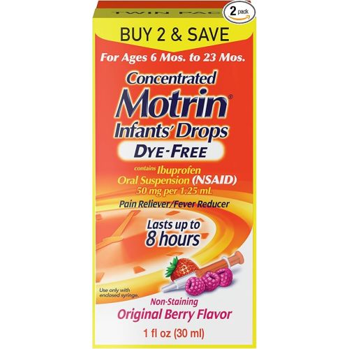 Infants' Motrin Dye-Free Liquid Ibuprofen, Berry Flavor, 1 fl oz Twin Pack | Fever Reducer and Pain Reliever, Kids and Infants 6-23 Months, Alcohol-Free Oral Pain Relief, Syringe Included