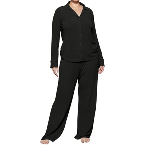 Womens Pajama Sets 2 Piece Button Down Long Sleeve Soft Knitted Sleepwear Pjs Lounge Sets Nightwear