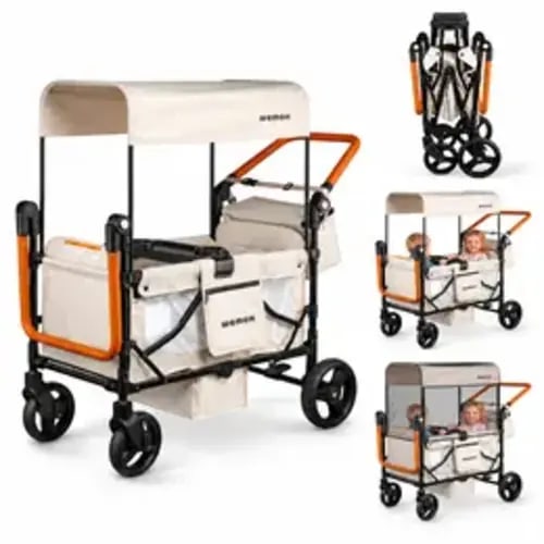 WEMOH 2-Seat Stroller Wagon for Kids, Foldable All-Terrain Push Pull Baby Wagon with Adjustable Handle, UPF 50 Canopy, 5-Point Harness, EVA Wheels and Large Storage for Travel & Camping sturdy infant stroller - TikTok Shop