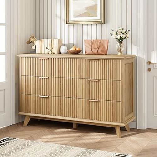 QUW Modern Fluted Dresser for Bedroom with 6 Drawers,47.2" Wood Closet Organizers and Storage,Wide 6 Drawer Dresser with Metal Handle,Hallway,Living Room(Natural Oak)