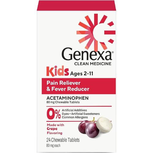 Genexa Kids’ Pain and Fever Reducer | Childrens Acetaminophen, Dye Free, Chewable Tablets for Kids 2-11 | Delicious Organic Grape Flavor | 80 mg | 24 Count