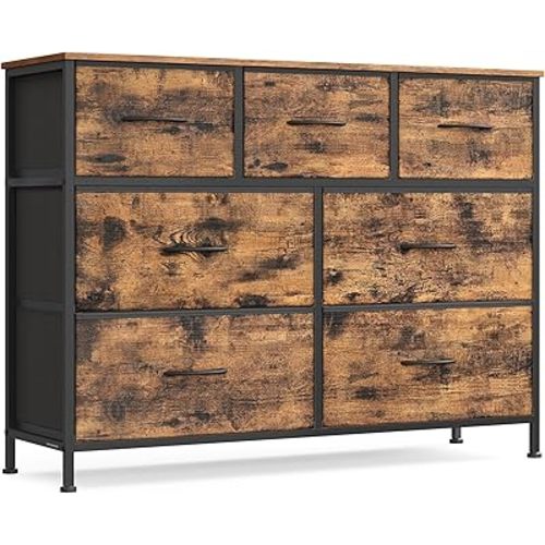 SONGMICS BELLAH Collection - Dresser for Bedroom, Chest of Drawers, Storage Organizer Unit, Closet, Entryway, Steel, 7 Drawers, Industrial, Rustic Brown and Ink Black ULGS323B02S