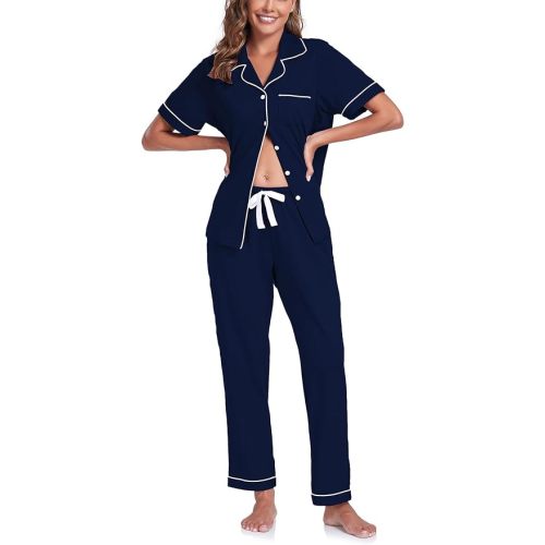 COLORFULLEAF Women's 100% Cotton Pajamas Set Button Down Sleepwear Short Sleeve Shirt and Long Pants Soft Ladies Lounge Sets
