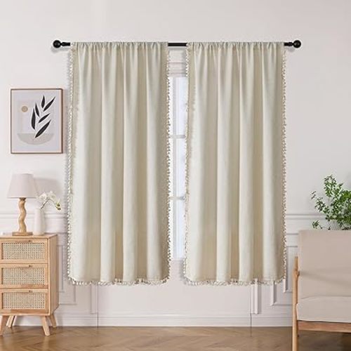 Joydeco Beige Boho Curtains 72 Inches Long 2 Panels, Super Soft Bohemian Farmhouse Curtains with Tassels, Semi Sheer Light Filtering Drapes for Bedroom Living Room (Rod Pocket, 52Wx72L)