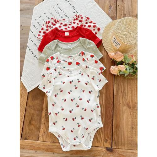 SHEIN LMoss Kids 5-Piece Set Newborn Baby Girl Summer Cute Knit Ditsy Floral Polka Dot Cartoon Print Short Sleeve Bodysuit | SHEIN USA