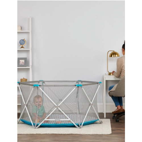 Regalo My Portable Play Yard Indoor and Outdoor, Washable, White/Gray/Teal, 6-Panel, For Ages 6-24 Months