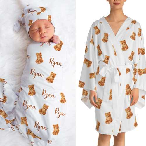 Bear Mom Baby Matching Outfit New Mom Robe Swaddle Set Personalized Baby Shower Gift Newborn Beanie Hat Headband Hospital Photo Set