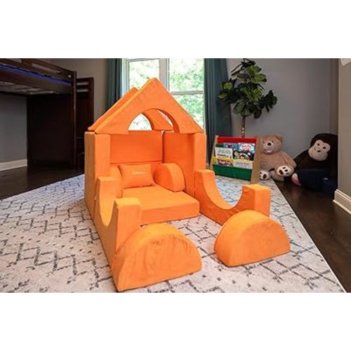 Castle Sofa Orange 14-Piece Customizable Kids' Play Sofa for Imaginative Play & Easy Storage with personalizable Pillow