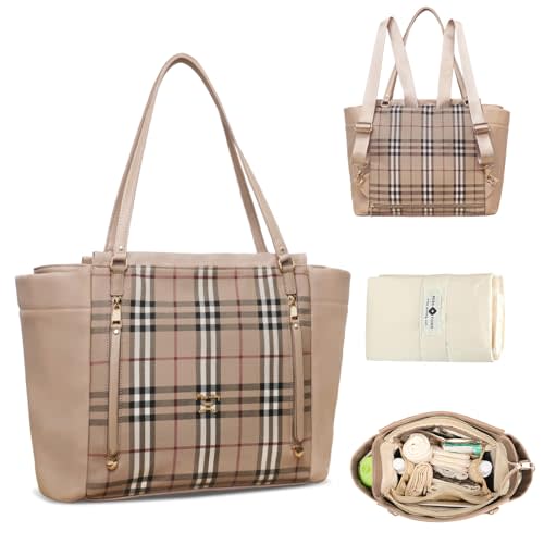 miss fong Checkered Diaper Bag Tote - Leather Diaper Bag Backpack, Large Capacity Mommy Bag Hospital Bag, 12 Pockets Travel Diaper Tote with Changing Pad for Mom Plaid Tote Bag for Women-light brown | Waterproof Leather