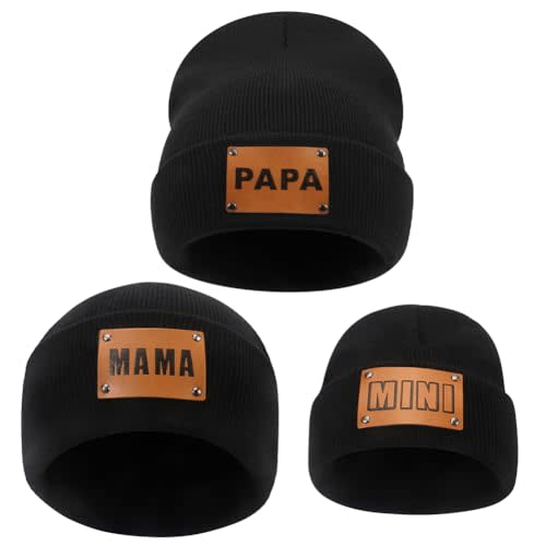 3 Pcs Parent-Child Beanie Hats Mama PAPA MINI Leather Patch Winter Knit Cap Warm Cuffed Cap Matching Family Beanie Hat