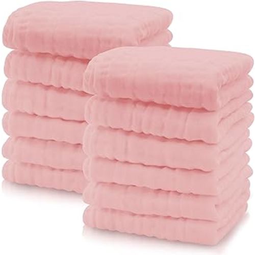 Cute Castle 12 Pack Muslin Baby Washcloths - Large 12'' by 12'' - Ultra Soft 100% Cotton - Super Absorbent Burp Cloths for Unisex, Boy, Girl -Pink