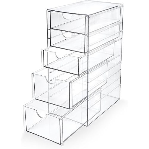 Prsildan Acrylic Drawer Makeup Organizer with 5 Drawers, Hair Accessories Organizer, Office Desk Organization, Clear Stackable Storage Drawers for Vanity, Countertop, Craft, Jewelry