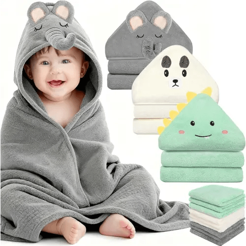 12 Pcs Baby Towels and Washcloths Set, Hooded Baby Towel, Soft and Absorbent Baby Bath Towels, 3 PCS Cute 32x32 in Baby Towel with Hood and 9 Pcs Baby Washcloths for Boys and Girls