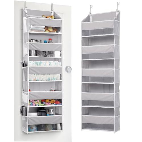 ULG 1 Pack Over Door Organizer with 5 Large Pockets 10 Mesh Side Pockets, 44 lbs Weight Capacity Hanging Storage Organizer with Clear Window for Kids Toys, Shoes, Diapers, Grey, 5 Layer