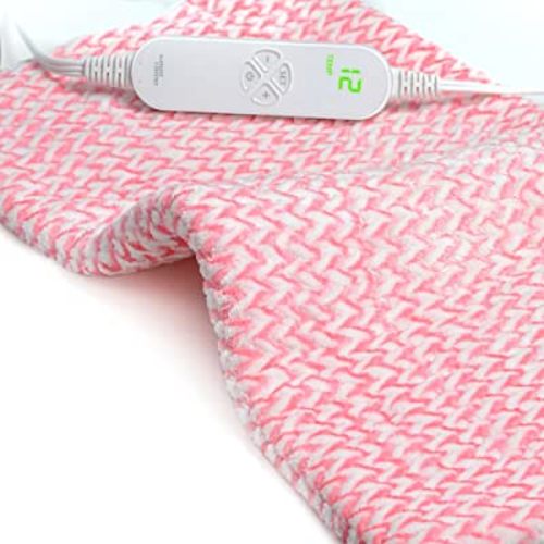 GOQOTOMO Fast-Heating Electric Heating Pad for Back/Waist/Abdomen/Shoulder/Neck Pain and Cramps Relief - 12 Heat Levels, 8 Timers with Countdown, Stay on, Machine Washable-PW01(Pink)