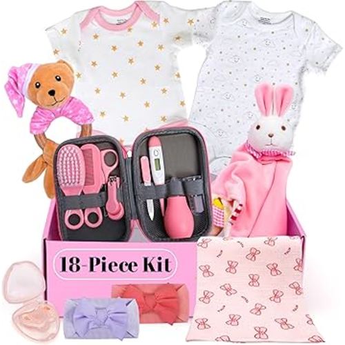 Sky Bliss 18pc Gift Set, Baby Grooming kit, Baby Clothes, Baby Rattle, Baby Blanket, Swaddle, Pacifier, Gifts for New Baby Girl, Newborn Essentials, Baby Gift Set (Grooming Kit), Gift for New mom.