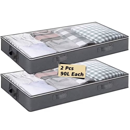 SPORTS JOY 2Pack 90L Under Bed Storage Bags with Reinforced Handles, Breathable, for Blankets, Comforter, Sweaters, Pillows, Sheets (Gray)