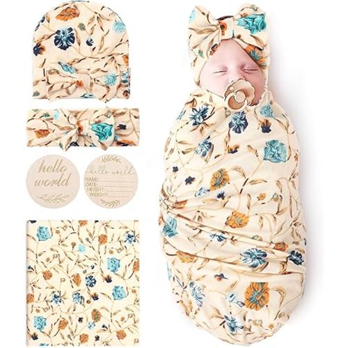 BQUBO Baby Girl Newborn Floral Receiving Blankets with Bow Hat Headband Wooden Birth Announcement Card Set Newborn Baby Swaddling Hats Sleepsack Toddler Warm Shower Gift
