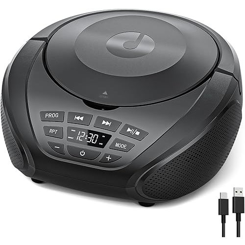 Gueray CD Player Portable Boombox: Radio CD Players Boombox with Speakers FM Radio AUX Input Support Headphones Playlist Mode PROG Playback for Outdoor Indoor Audiobooks with Type-C Power Cable