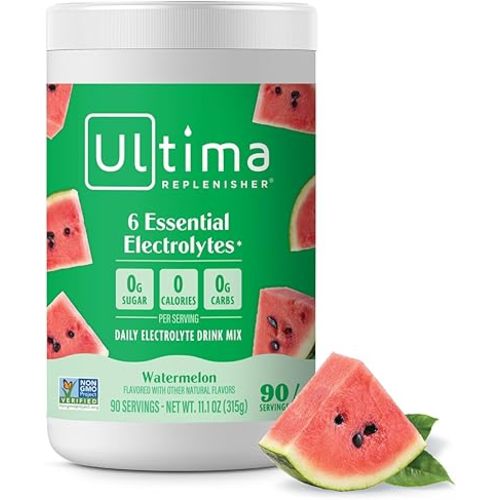 Ultima Replenisher Daily Electrolyte Powder Drink Mix – Sugar Free – Watermelon, 90 Servings – Hydration Powder with 6 Key Electrolytes and Trace Minerals – Keto Friendly, Vegan, Non-GMO