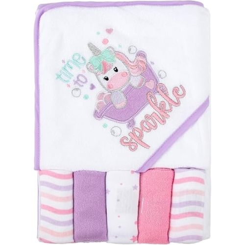 Baby Hooded Bath Towel and Washcloth Set for Infant Girls 6-12 Months (Little Sprinkle Magical Unicorn)