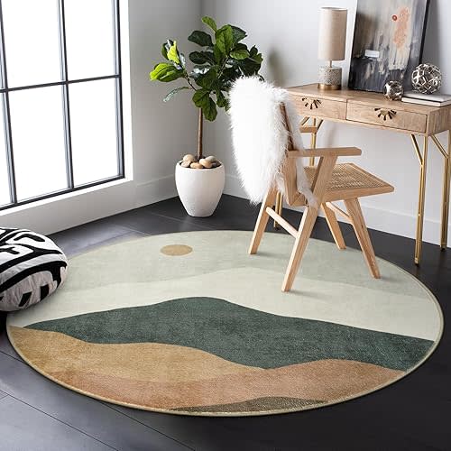4ft Abstract Round Rug,Soft Washable Non-Slip Sun and Mountain Circle Kids Room Rugs,Chic Faux Wool Low-Pile Circular Throw Rugs for Entryway/Bedroom/Nursery/Living Room/Bathroom(Grey)