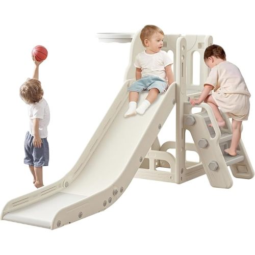 Toddler Slide,Kids Climber Slide with Storage Space and Non-Slip Steps,Indoor Outdoor Playset with Basketball Hoopa and Telescope,Slide for Toddlers Age 1-3