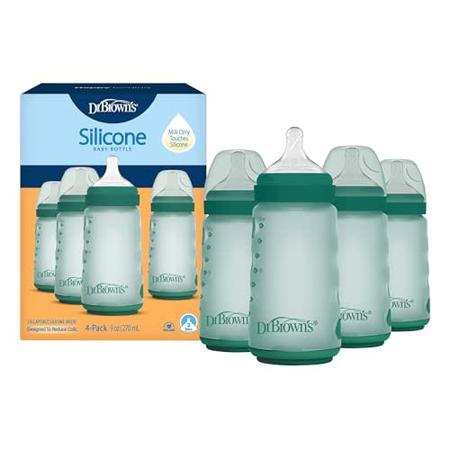 Dr. Brown's Silicone Baby Bottle with Collapsible Insert Designed to Reduce Colic, 9 oz with Wide-Neck Level 2 Medium Flow Nipple, BPA-Free, 3m+, Green, 4-Pack