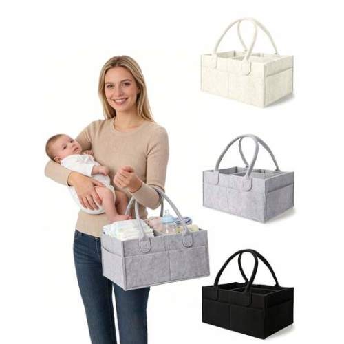 Large Size Felt Baby Diaper Bag, Newborn Essential, Diaper Storage Basket, Baby Supplies, Baby Christening Accessories, Baby Bassinet, Nursery Decor For Boys & Girls - Gray, Beige, Black | SHEIN USA