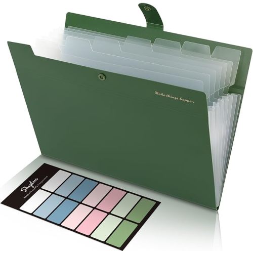 SKYDUE Expanding File Folders with 8 Pockets, Accordion File Organizer with Labels, Portable Paper Bill Receipt Organizer, Letter Size, Home School Office Supplies, Olive Green
