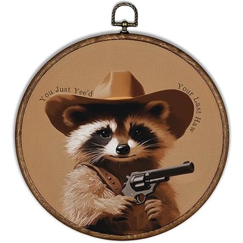 XBBMGG Vintage Cowboy Raccoon Wall Art Decor - Funny Western You Just Yee'd Round Wall Hanging Decor, Brown Cowboy Hat Raccoon Framed Canvas Prints for Nursery Living Room Bathroom Decorations, 10x10