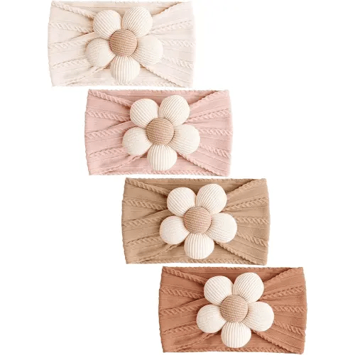 Niceye Baby Girl Bows Headbands, Handmade Soft Stretchy Nylon Hair Bands with Adorable Flower Bows for Newborn, Infant & Toddler – 4 Pack Baby Hair Accessories