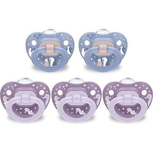 NUK First Choice Classic Orthodontic Pacifier, 6-18 Months Baby Pacifier, Purple & Blue, Baby Must Haves, 5-Pack