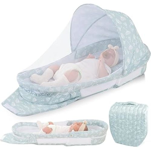 Portable Baby Lounger Bag, Foldabl Babies Nest with 2-in-1 Removable Mosquito Net, Infant Travel Nest Lounger, Easy Setup and Storage for Outdoors Indoors - Baby Registry (Light Green)