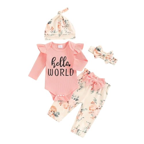 Hello World Newborn Outfit Baby Girl Going Home Outfit Ruffle Ribbed Romper Top Floral Pants Set Cute Summer Clothes
