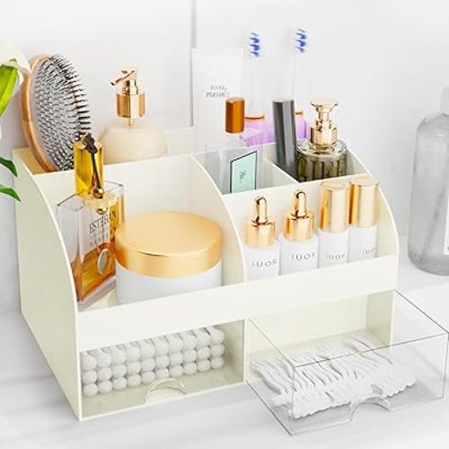 Makeup Organizer with Drawers, Cosmetic Storage for Dresser Vanity and Bathroom Countertop, Beauty Holder for Lipstick Brush, Skincare Organizer for Vanity, Cosmetic Display Case (Ivory)