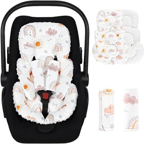 Infant Car Seat Insert, Car Seat Head Support Baby Girls Boys, Soft & Reversible Newborn Carseat Insert Cushion with 2 Strap Covers, for Stroller, Swing, Bouncer (White Boho Rainbow)