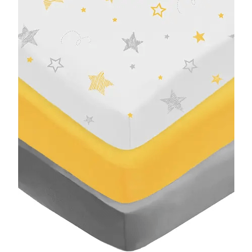 American Baby Company 3 Pack 100% Natural Cotton Fitted Crib Sheets 52" x 28" - Soft, Breathable, Hypoallergenic & Gentle Toddler Bed Sheets, Yellow Star/Yellow/Gray, Neutral for Boys & Girls