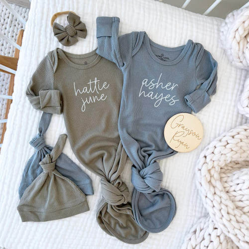 Personalized Bamboo Newborn Baby Knot Gown | Nature Neutrals - Script