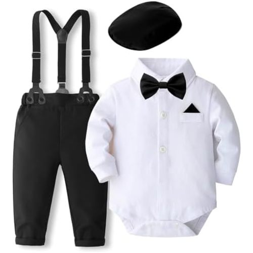 SALNIER Baby Boy Dress Suit Clothes Sets Infant Tuxedo Gentleman Suits Outfits Bowtie Shirt Suspenders Pants Beret Hat