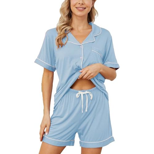 Womens Pajama Sets Short Sleeve Sleepwear Soft Button Down Nightwear Lounge Pj Set XS-XXL