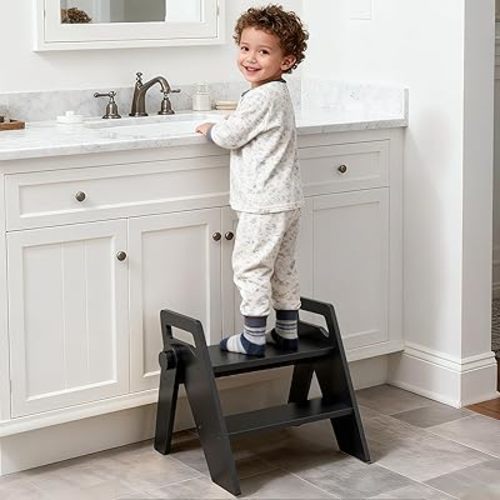 Toddler Kids Step Stool: Wooden 2 Step Stool for Bathroom Sink, Foldable, Black