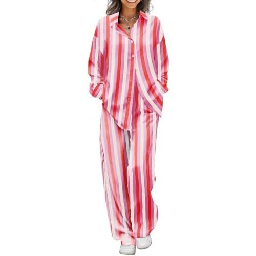 Ekouaer Womens Satin Silky Pajama Set 2 Piece Print PJs Soft Loungewear Button Down Sleepwear with Elastic Waist Long Pants