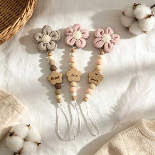 Custom Flower Silicone Bead Pacifier Clip, Personalized Engraved Wood Star Dummy Clip, Boho Fabric Flower Baby Pacifier Clip, Newborn Gift