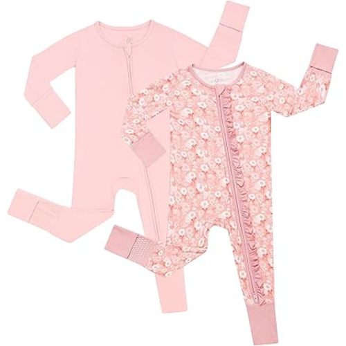 JunNeng Baby Girl Viscose from Bamboo Sleeper with Mitten Cuffs, 2 Way Zipper Romper, Sleep N' Play Pajamas 0-18 Months