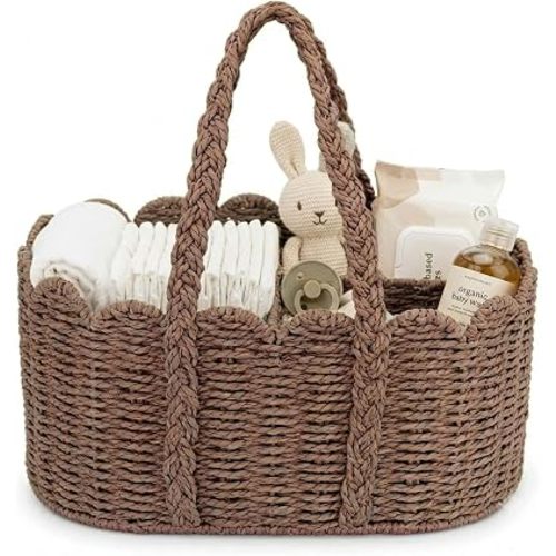 Diaper Caddy Organizer, Paper Rope Storage Baskets Nursery Bin with Removable Divider, Portable Car Organizer for Diapers, Baby Shower Gifts, Newborn Essentials Must Haves