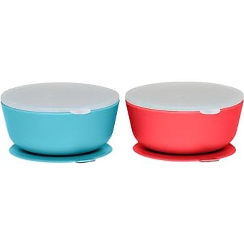 WeeSprout Suction Bowls for Baby & Toddlers (Set of 2) - 100% Silicone w/Plastic Lid - Leak Proof Feeding Supplies - Dishwasher & Microwave Safe Infant Dinnerware w/Extra Strong Base