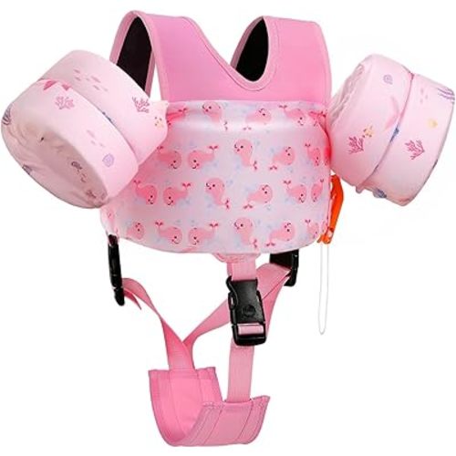 MoKo Swim Arm Floaties 15-30 lbs, Toddler Swim Vest for Kids Cartoon Swimming Water Wings with Crotch Strap, Pool Float Vests Sleeves Shoulder Straps Arm Band for Children, Baby Pink Whale